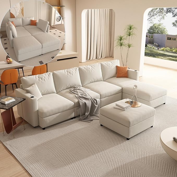 ERYE Oversized Chenille Upholstered Modular Storage Sectional Sofa Couch W/2 Movable Ottomans & Cupholders, U-Shaped Free Combined Sofa Couch Convertible Sleeper Sofabed for Living Room Apartment
