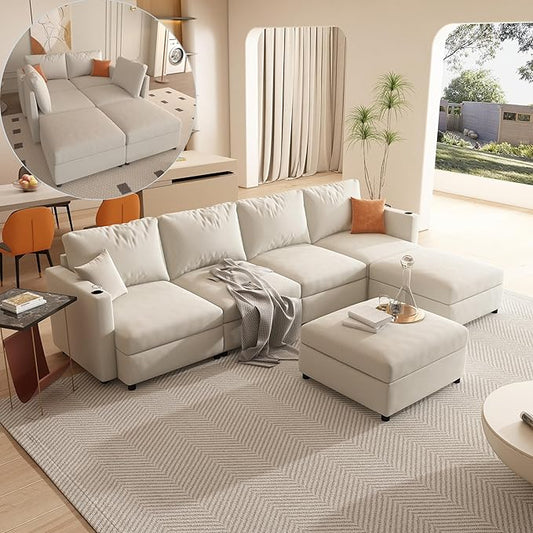 ERYE Oversized Chenille Upholstered Modular Storage Sectional Sofa Couch W/2 Movable Ottomans & Cupholders, U-Shaped Free Combined Sofa Couch Convertible Sleeper Sofabed for Living Room Apartment
