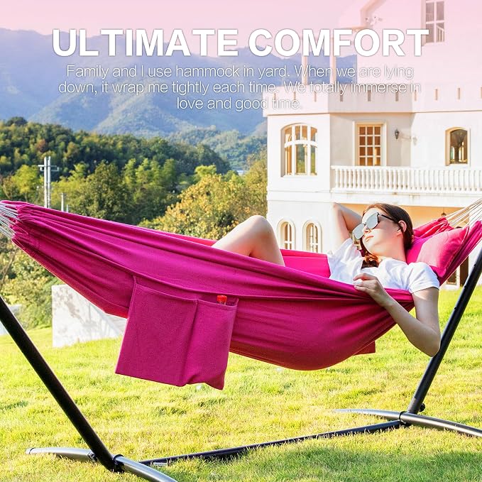 PNAEUT Double Hammocks with Stand for Outside, Portable Space Saving Heavy-Duty Steel Stand for Indoor Outdoor Patio with Carrying Bag, 450 lbs Capacity (Rose Pink) - Image 3