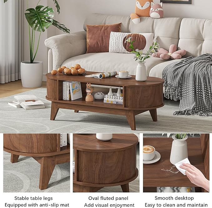 Coffee Table with Storage,Mid Century Modern Coffee Tables with 2 Flip-Top Hidden Lids,Fluted Coffee Table,Wood Center Tables for Living Room Home Office (Walnut Color)