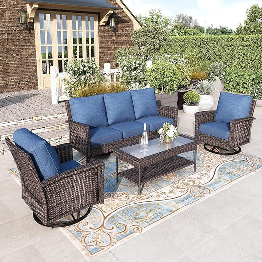 HERA'S HOUSE Patio Furniture Set, High Back Swivel Outdoor Chair with 5.5" Thick Cushions, Oversized Deep Seating Wicker Conversation Set for Lawn Backyard Deck, Navy Blue