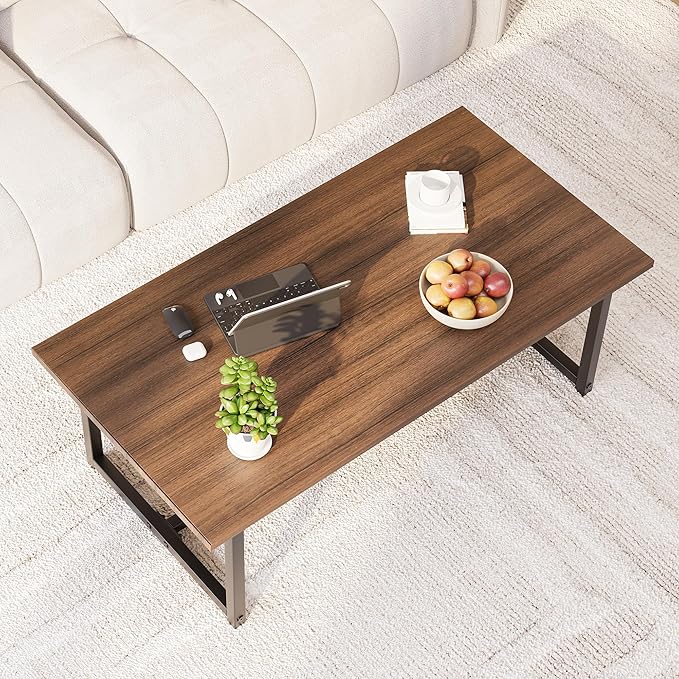 35.4" Rectangular Coffee Table for Living Room, Modern Industrial Style Coffee Table Center Table with Metal Frame for Small Space, Apartment, Office, Easy Assembly, Walnut