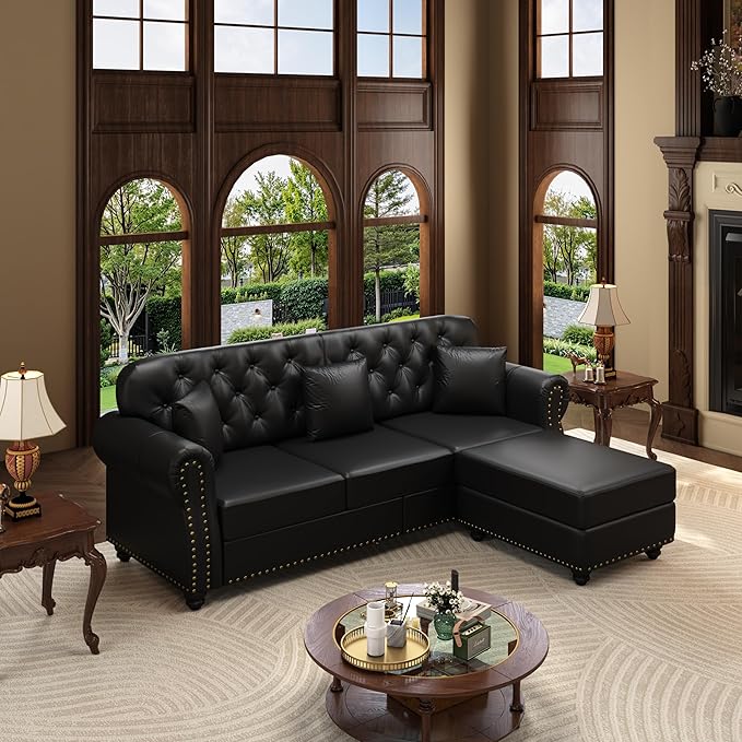 KEIKI 83" Faux Leather Chesterfield Sofa with Rolled Arms & Nailhead Trim & 1 Ottoman, 3-Seater Button Tufted Couch with High Resilience Cushion & 3 Pillow, Easy Assembly, for Living Room, Black