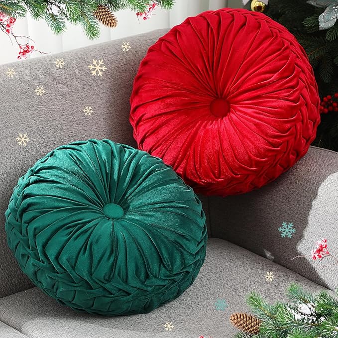 Beeveer 2 Pcs Round Throw Pillows 15 Inch Decorative Velvet Pleated Pumpkin Pillows Boho Floor Pillow with Center Button for Living Room Couch Chair Bed Sofa Home Decoration (Red and Green)