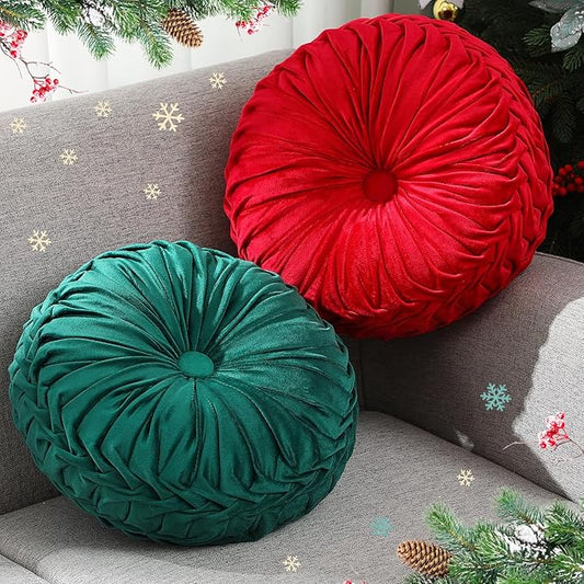 Beeveer 2 Pcs Round Throw Pillows 15 Inch Decorative Velvet Pleated Pumpkin Pillows Boho Floor Pillow with Center Button for Living Room Couch Chair Bed Sofa Home Decoration (Red and Green)