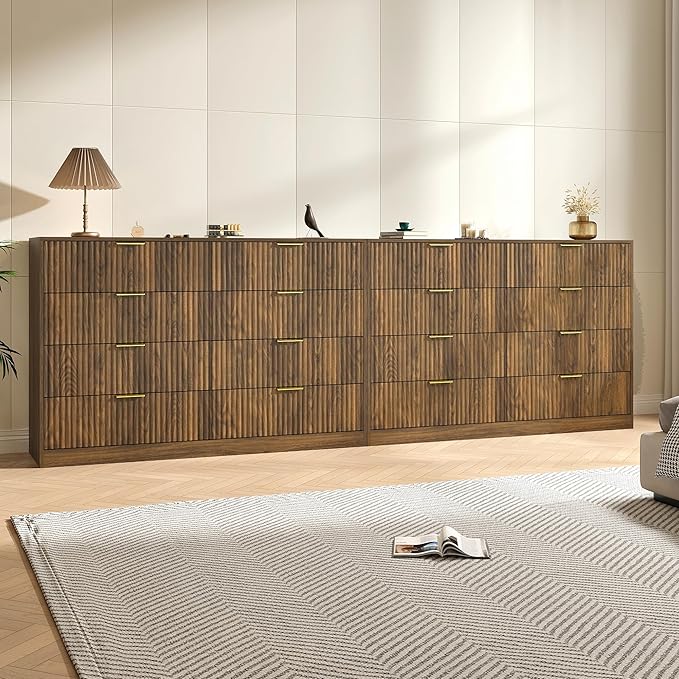 Dresser for Bedroom Set of 2, Large Dresser with 16 Drawers, Fluted Modern Bedroom Furniture Set, TV Stand Dressers & Chests of Drawers for Closet, Walnut(15.7" D x 110.2" W x 36" H)