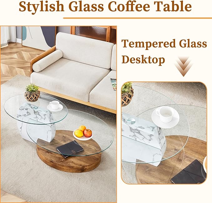 Ebullient Glass Coffee Table, 47" Oval Coffee Table, 2-Tier Glass Tabletop with Wood Base, Easy to Maintain and Assemble, Ideal for Dining Room, Living Room