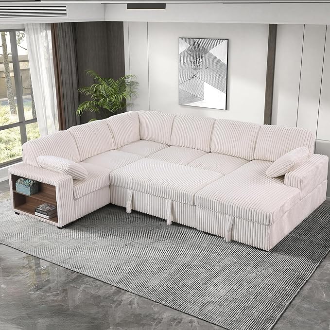 118 inch Oversized U Shaped Sectional Sleeper Sofa with Pull Out Couch Bed , Plush Corduroy Convertible Pullout Sofabed with Storage Chaise & Shelves,6 Seater Corner Couches for Living Room Office