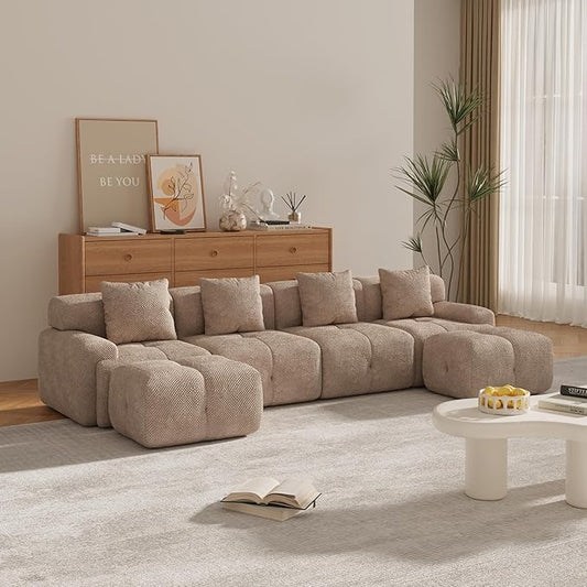 135" U-Shaped Compressed Sectional Cloud Sofa, Flannel Upholstered Modular Tufted Sofa with 6 Pieces, Symmetrical Boneless Foam Modular Cloud Couches for Living Room