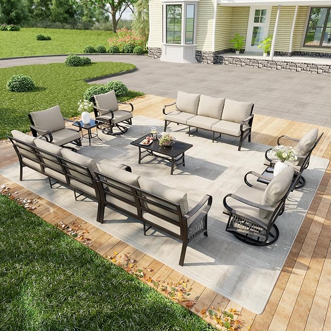 10-Piece Outdoor Patio Conversation Sets, Rope Outdoor Furniture Set Metal 2 Three-Seater Couch, 4 Swivel Rockers with 2 Side Tables, Loveseat Sofa with Coffee Table for Backyard Porch Poolside, Beige