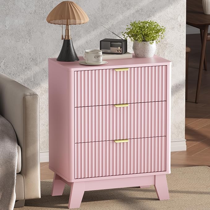 Wodeer Pink Nightstand with 3 Drawers, Mid Century Modern Wooden Bedroom Nightstand, Bedside Table & End Table with Metal Handles, Farmhouse Night Stands for Bedroom - Image 4