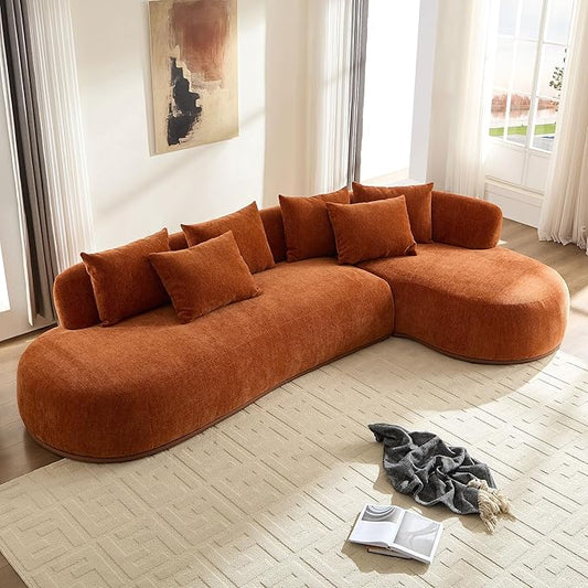 KEIKI 135" L-Shaped Oversized Boucle Sectional Sofa with Right Chaise, Modern 5-Seater Polyester Curved Couch with PU Leather Base & 6 Decorative Pillows, No Assembly Required, for Living Room, Orange
