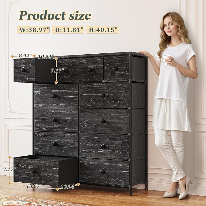 Romorgniz Black Dresser for Bedroom Tall Dresser with 12 Drawers Fabric Dressers & Chests of Drawers, Bedroom Dresser with Metal Frame, Wood Top, Entryway Living Room 11.81" D x 38.97" W x 40.15" H - Image 3