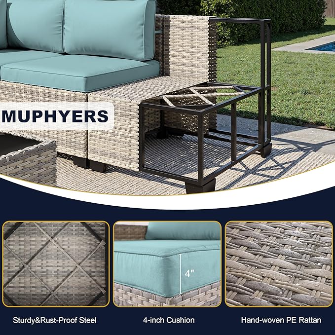 16-Piece Outdoor Patio Furniture Set with Rocking Swivel Chair, Wicker Rattan Sectional Sofa Conversation Set with 55,000 BTU Fire Pit Table with Ottomans, Backyard Furniture, Light Blue