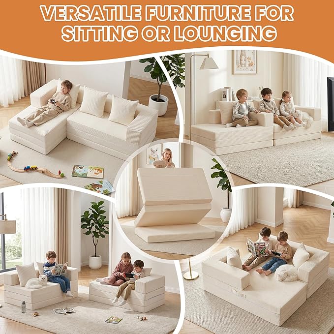 Modular Sectional Sofa, Boneless Convertible Oversized Sleeper Sofa Bed, Modern Tri-Folding Cloud Couch with L-Shape Chaise, Corduroy Futon Couches for Living Room Small Spaces Apartment,No Assembly