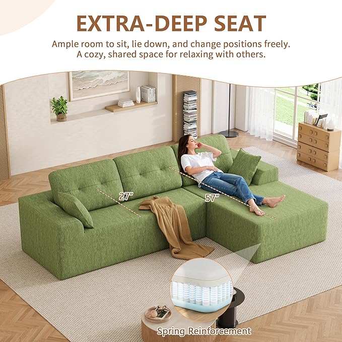 Ball & Cast 106" Modular Sectional Sofa, Convertible Cloud Couch with Deep Seat, Boneless L-Shaped Sectional, Flexible Modular Combination for Living Room, No Assembly (Green, Right Facing Chaise)