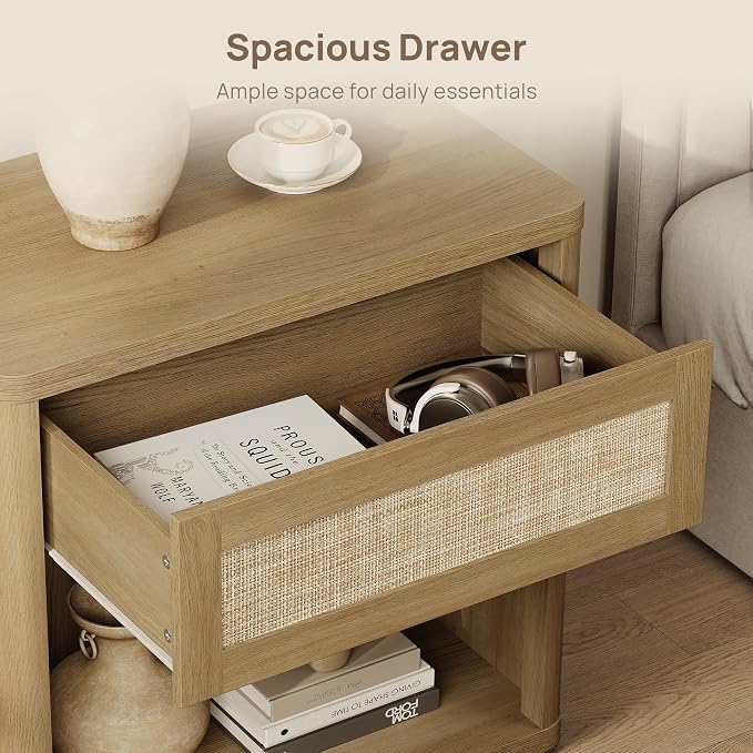 SICOTAS Night Stand 26" Wide Large Nightstands with Drawer & Shelf Storage Rattan Bedside Table Boho End Table Tall Bed Side Tables Night Stands for Bedroom Living Room Sofa Office Dorm, Amber Oak - Image 5