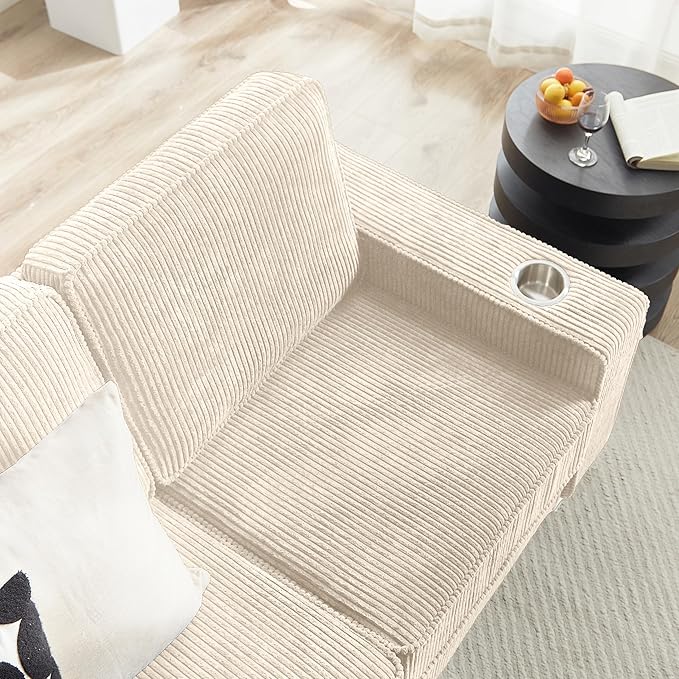 83" Modern Cloud Sofas for Living Room Bedroom, 3 Seat Modular Couch Soft Corduroy Upholstered Loveseat Couches with Cupholders for Home Apartment Office Studio