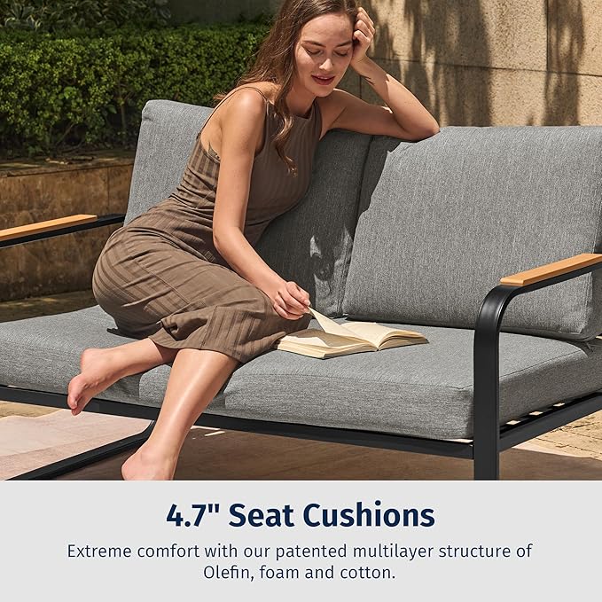 East Oak 4-Piece Patio Furniture Set, Outdoor Patio Set, 4.7inch Removable & Washable Deep Seating Cushion Outside Conversation Sets, Gray