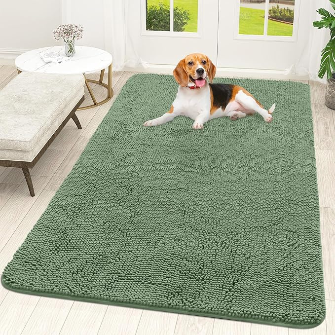 OLANLY Dog Door Mat for Muddy Paws 59x35, Absorbs Moisture and Dirt, Absorbent Non-Slip Washable Doormat, Quick Dry Chenille Mud Mat, Entry Indoor Entryway Carpet for Inside Floor, Olive Green by OLANLY