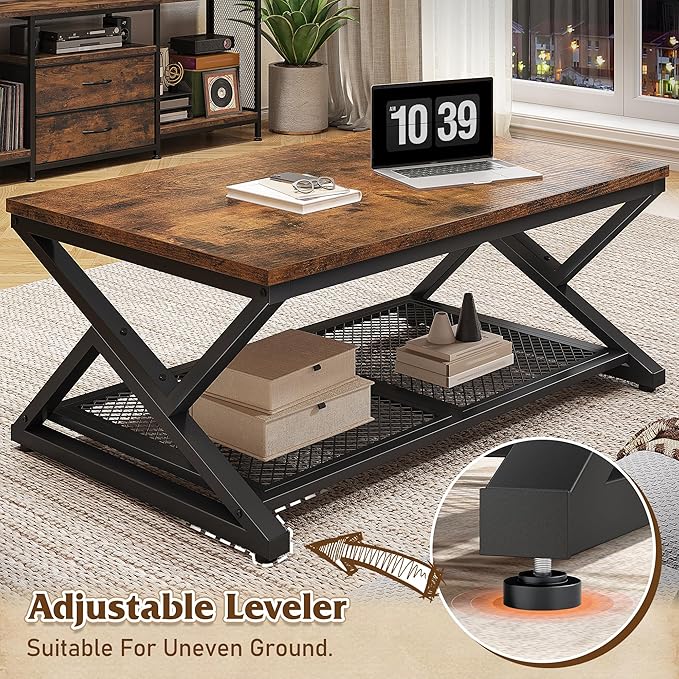 EnHomee Coffee Table with Storage, Modern Coffee Tables for Living Room with Mesh Shelf, 2 Tier Rectangular Center Table for Living Room, Bedroom, 39.4 Inch, Rustic Brown