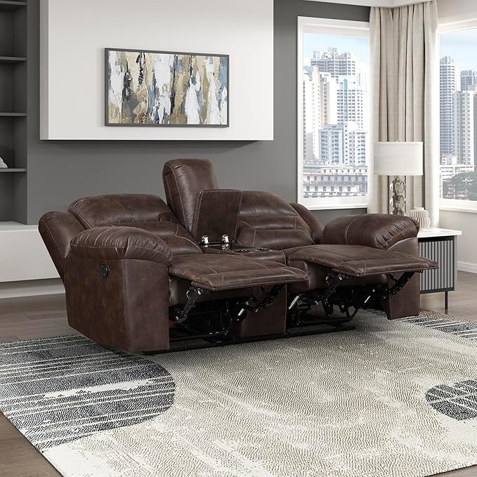 Lexicon Double Recliner Loveseat with Center Console, Wall Hugger Manual Reclining Couch, Textured Microfiber Upholstered Dual Reclining Love Seat, Home Theater Seating, Required Assembly, Dark Brown