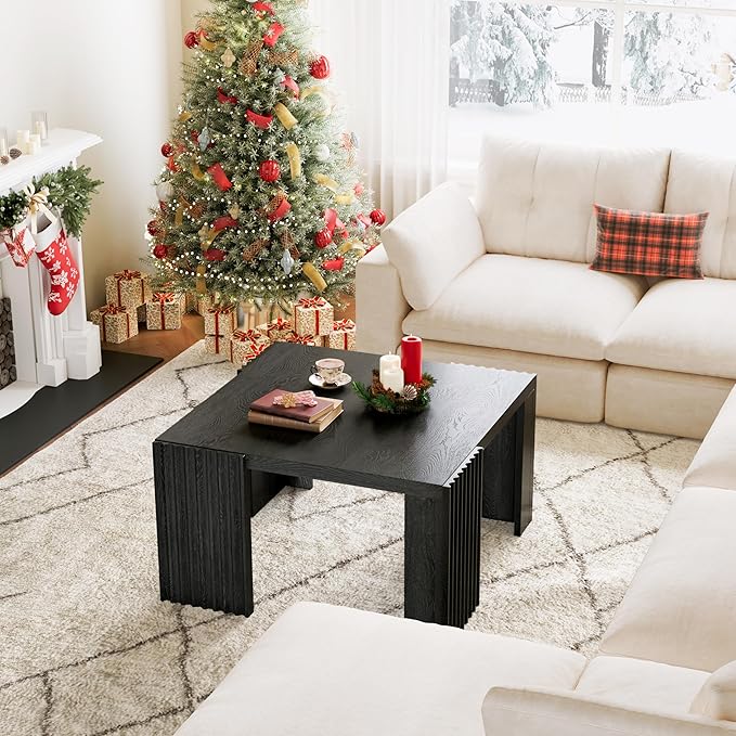 Luoxiao 27.5" Black Square Coffee Table Fluted Mid-Century Modern Living Room Table, Square Wooden Center Table with Quilted Footpads for Apartments, Small Homes, Easy Assembly