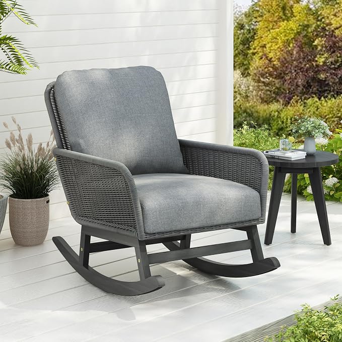 Christopher Knight Home Nadine Patio Rocking Chair, Wicker Rocker, Wood Leg Rocking Chair, PE Rattan Wicker Chair, Rocking Chair with Cushions, Comfort Wicker Rocker for Backyard Balcony Porch, Gray by ChristopherKnightHome