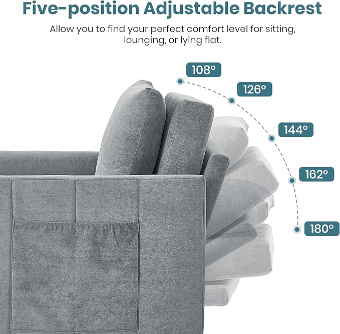 Ball & Cast 31.5" Convertible Pull-Out Sleeper Sofa Bed,Chenille Upholstered Pull Out Couch Chair,3 in 1 Single Sofa Chair W/Storage Basket and Side Pocket,Recliner Chaise Lounge for Living Room,Grey