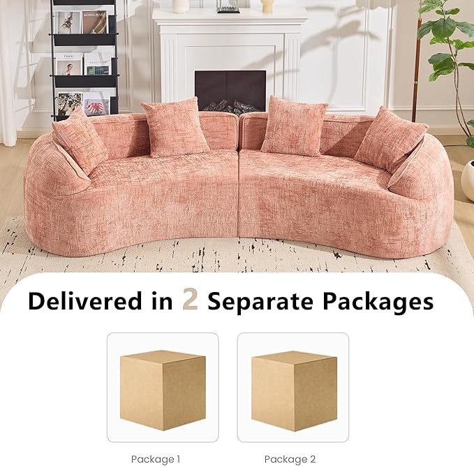 109-Inch Curved Boneless Sofa Couches Compressed 4-Seat Foam Couch for Living Room Bedroom, Boneless Modular Cloud Sofa Curved Floor Couch with 4 Pillows, No Assembly