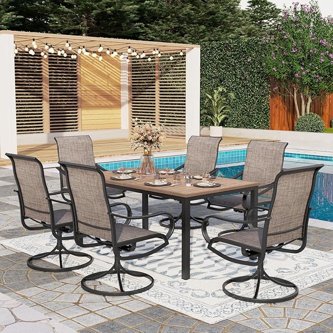 PHI VILLA Patio Dining Table and Chairs, 6 Swivel Dining Chairs with Armrest, Brown Metal Slat Table Top with 1.6" Umbrella Hole, Rustproof E-Coating for All Weather by PHIVILLA