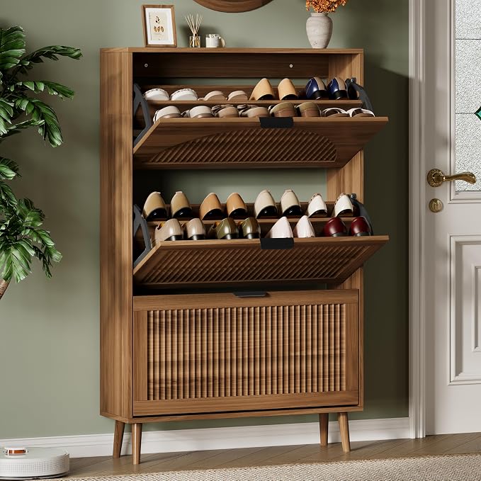 Xixini Shoe Storage Cabinet with 3 Flip Drawers, 50" Tall Narrow Wood Fluted Shoe Organizer for Entryway, Freestanding Wooden Hidden Slim Shoe Rack for Front Door Entrance, Hallway, Foyer, Dark Walnut by Xixini