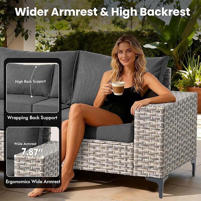 Patio Furniture Set,9 Pieces Outdoor Wicker Conversation Sets with 42 in Fire Pit Table,2 Wicker Rocking Chair & Coffee Table,Outdoor Sectional Sofa for Balcony Backyard Poolside Garden Lawn(Black)