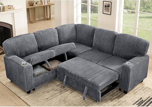 KEIKI 81" L-Shaped Oversized Corduroy Modular Sectional Sleeper Sofa with Pull-Out Bed, Storage Seat, Modern 5-Seater Upholstered Couch Bed with Charging Station, Easy Assembly, for Living Room, Grey