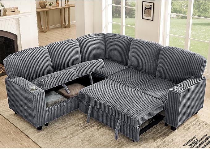 ERYE L-Shaped Symmetrical Sleeper Sectional Sofa W/Pull Out Sleeper Couch Bed and Storage Seat for Living Room, Corduroy Tufted Corner Convertible Sofa Bed with USB-C Ports