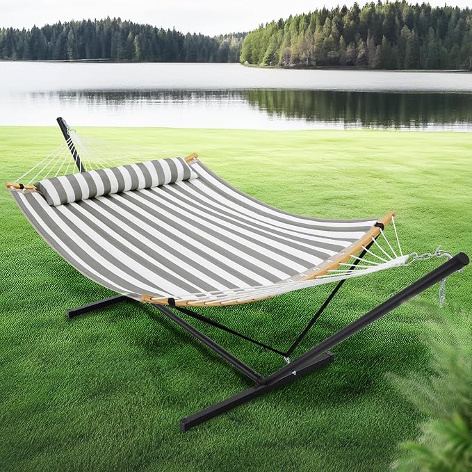 SUPERJARE Curved-Bar Hammock with Stand, 2 Person Heavy Duty Hammock Frame, Detachable Pillow & Portable Carrying Bag, Perfect for Outdoor & Indoor, Black and White Stripe - Image 2
