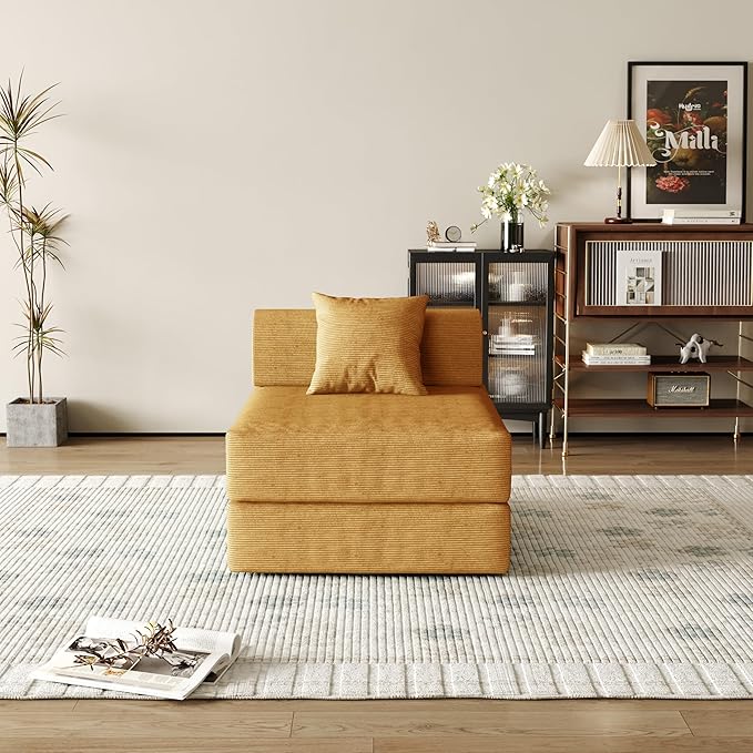 31.5'' Convertible Compressed Corduroy Folding Cloud Sofa Bed, Modern Boneless Pull Out Sleeper Sofa Couch in a Box, 3 in 1 Portable Lazy Floor Lounge Chair, for Small Space, Yellow, Pillow, Single
