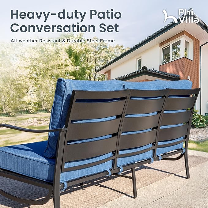 PHI VILLA 4 Piece Patio Furniture with FirePit Table, Metal Outdoor Furniture Set with 3-Seat Wide Deep Seating Bench & 2 x Swivel Sofa Chairs,Outdoor Conversation Set for 5, Peacock Blue