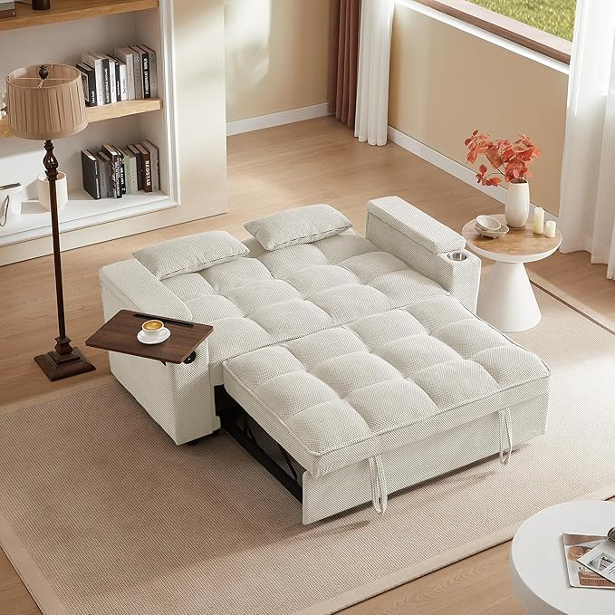 Eafurn 3 in 1 Convertible Sleeper Sofa Couch Bed,Padded Futon Loveseat Couch with Pull-Out Bed, 65" Oversized Recliner Loveseat Lounge Chaise w/Storage Armrest,USB, Side Table and Cupholders