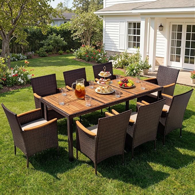 Devoko Outdoor Patio Dining Sets 9 Pieces Wicker Outdoor Dining Table and Chairs Set with Acacia Wood Table Top and Widened Armrests for Backyard, Garden, Deck (Brown) by DEVOKO