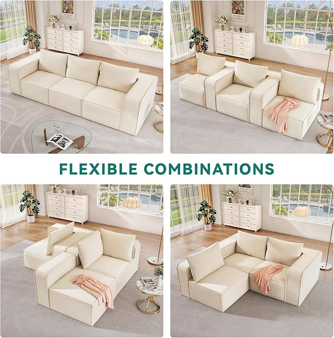 DWVO Oversized Deep Modular Sectional Sofa, 3-Seat Cloud Couch with 3 Pillows, Corduroy Sectional Couches for Living Room, Apartment, Office, Hotel, Bedroom, No Assembly Needed, Milky White