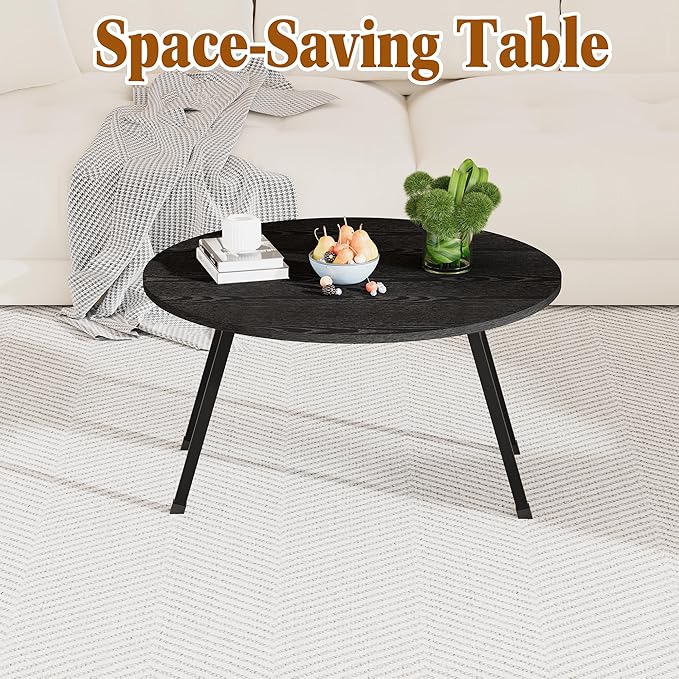 Round Folding Coffee Table for Small Spaces, Foldable Small Coffee Table Portable Sturdy, Easy Assembly Mid Century Low Wood Tables for Living Room, Home, Office, Black