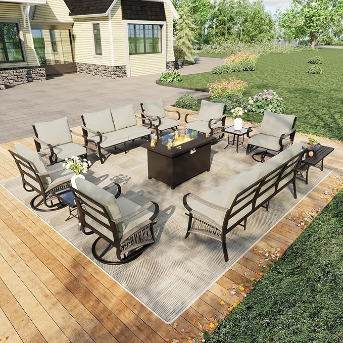12 Pieces Outdoor Patio Conversation Sets, Outdoor Furniture Set Metal 3-Seater 4 Swivel Rockers with 2 Side Tables 2 Single Chairs 1 Loveseat with Coffee Table and Fire Pit Table for Backyard, Beige