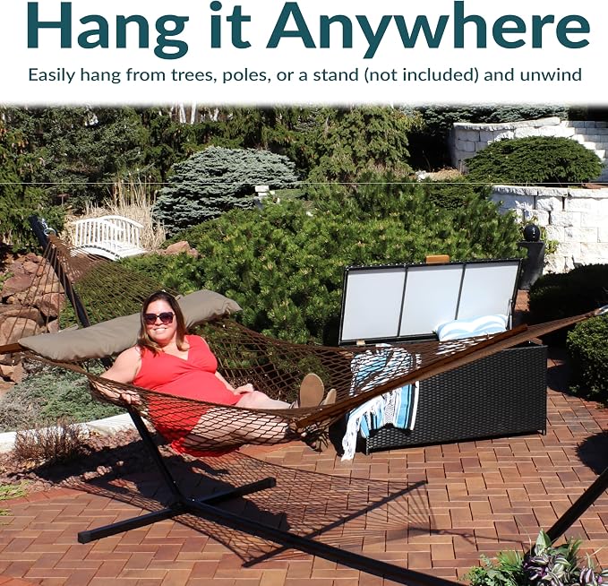 Sunnydaze Cotton Rope Hammock for Outside - 450-Pound Capacity Indoor or Outdoor Hammock with Spreader Bars - Brown - Image 2
