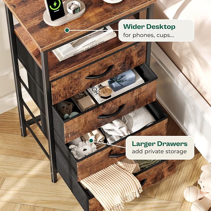 Huuger Night Stand with Charger Station and LED Lights, 4 Drawer Nightstand, Bed Side Table with Open Shelf, End Table, Fabric Dresser for Bedroom, Rustic Brown - Image 7