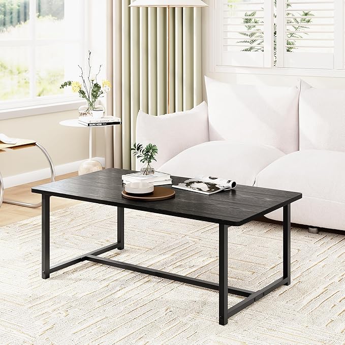 Coffee Table Living Room, Modern Center Table Rectangular, Industrial Furniture, Sofa End Tables/Tea Table/Table Basse De Salon with Metal Black Frame Black Top