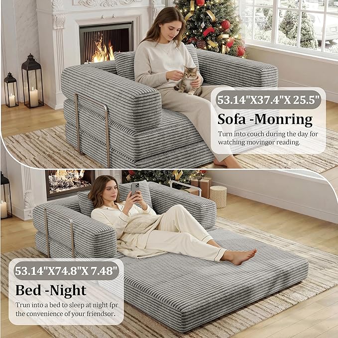 4 in 1 Futon Sofa Bed Queen Size - Foldable Convertible Sleeper Sofa Couch with L-Shaped Support, Removable Washable Floor Space Saving for Bedroom & Dorm (Light Gray, 53.15" Double Sofa)