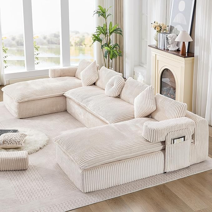 149" Oversized U Shaped Cloud Modular Sectional Sofa Boneless Couch with Double Chaise,Free Combination Convertible Floor Sofa Bed with Storage Pockets and Pillows | No Assembly