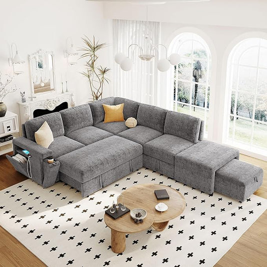 Ball & Cast 90.6" Convertible Sectional Couches Fabric Sofa Set with Pull Out Bed,L-Shaped Modular Padded Cloud w/Storage Space and USB Ports & Cup Holders on The Armrests,for Living Room,Gray