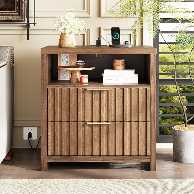 VINGLI Fluted Nightstand Set of 2 with Charging Station, 23.6" W Mid Century Modern Nightstand for Bedroom, 2 Drawer Bedside Table, End Tables Bedroom, Wood Side Table, Brown - Image 8